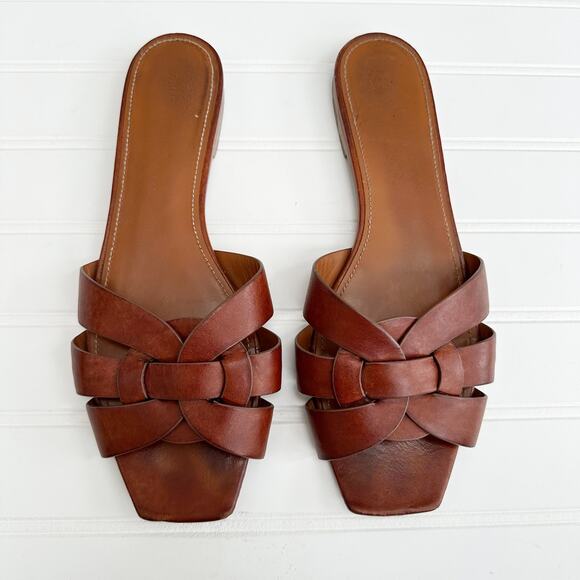 Saint Laurent Tribute Sandal Flat Mules Brown Tan Ambra Slides Smooth Leather - Picture 6 of 8